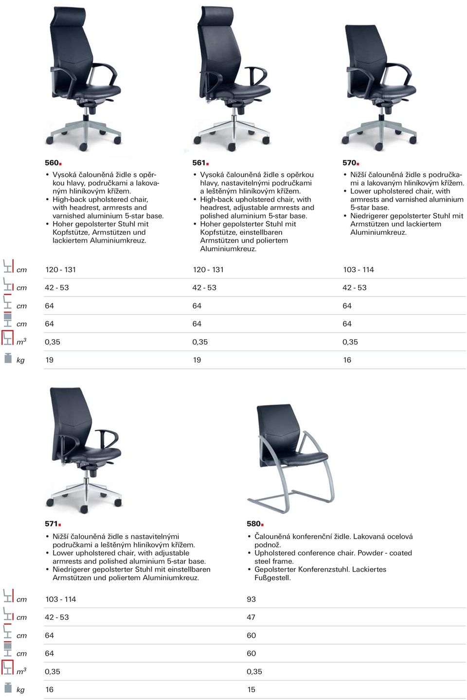 High-back upholstered chair, with headrest, adjustable armrests and polished aluminium 5-star base. Hoher gepolsterter Stuhl mit Kopfstütze, einstellbaren Armstützen und poliertem Aluminiumkreuz. 570.