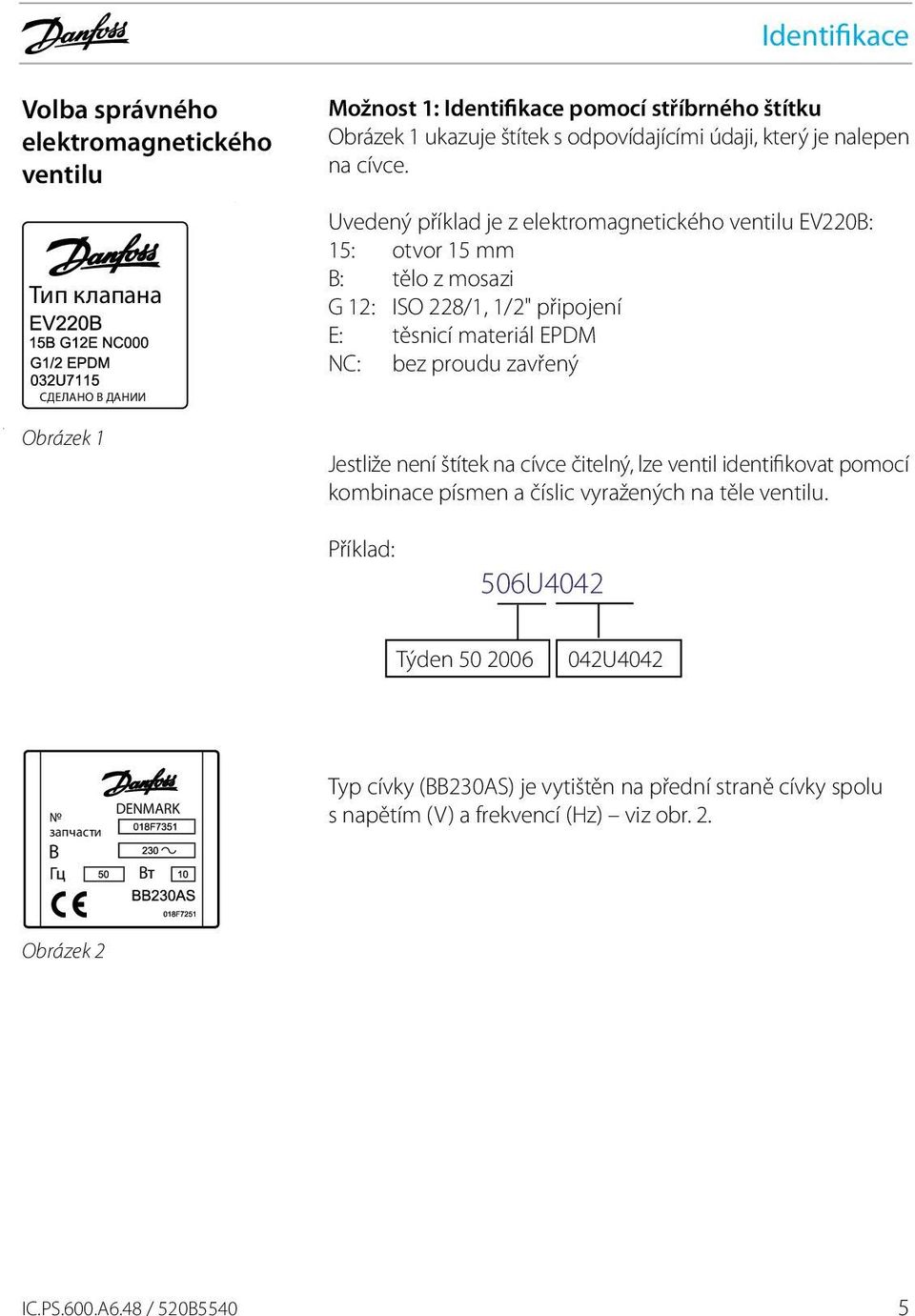 Uvedený příklad je z elektromagnetického ventilu EV220B: 15: otvor 15 mm B: tělo z mosazi G 12: ISO 228/1, 1/2" připojení E: těsnicí materiál EPDM NC: bez proudu zavřený СДЕЛАНО В