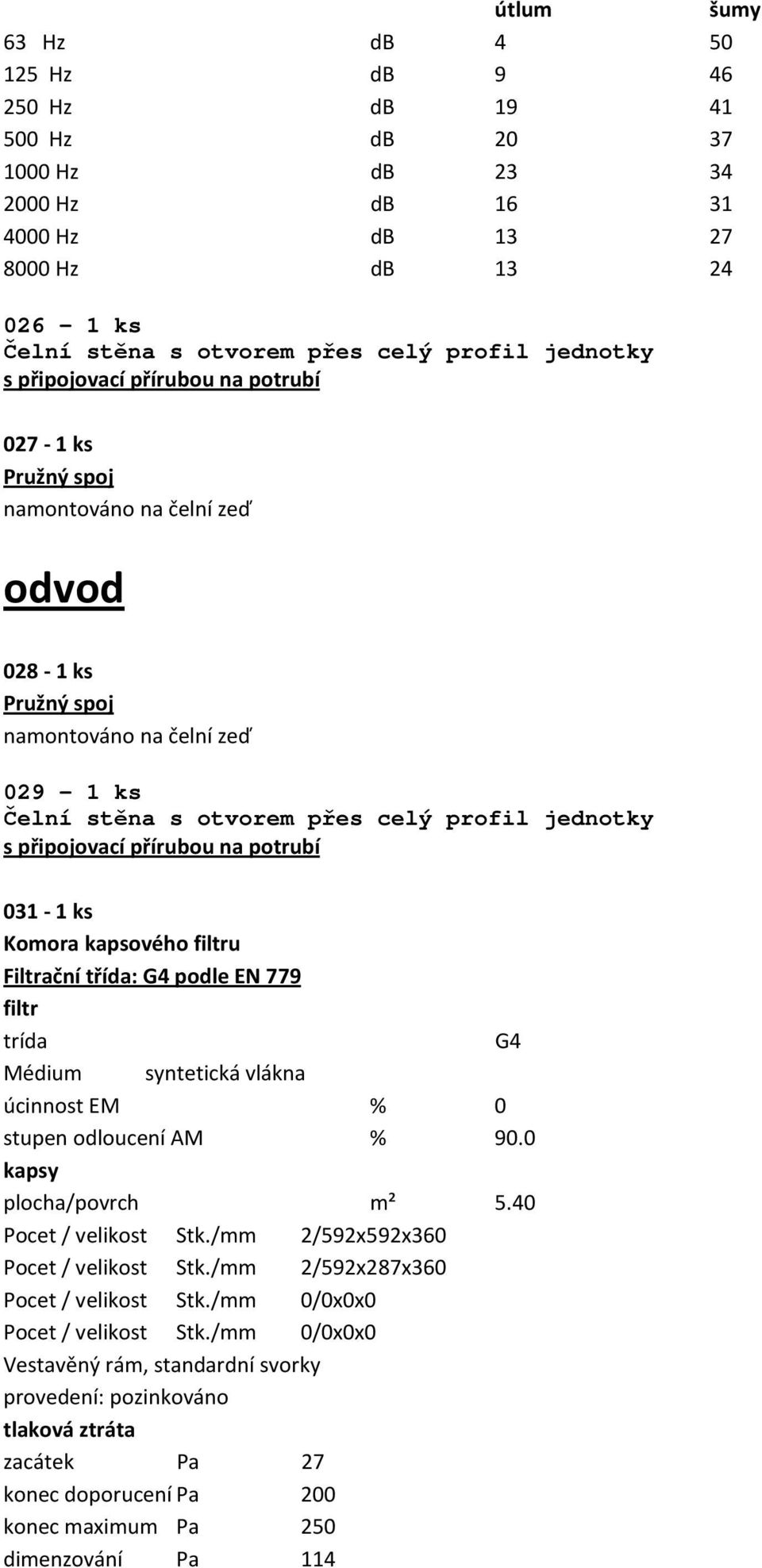 připojovací přírubou na potrubí 031-1 ks Komora kapsového filtru Filtrační třída: G4 podle EN 779 filtr trída G4 Médium syntetická vlákna úcinnost EM % 0 stupen odloucení AM % 90.