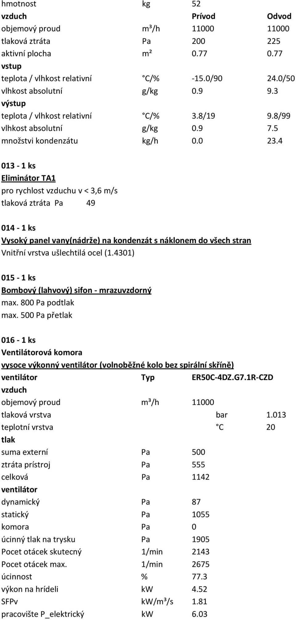 4 013-1 ks Eliminátor TA1 pro rychlost vzduchu v < 3,6 m/s tlaková ztráta Pa 49 014-1 ks Vysoký panel vany(nádrže) na kondenzát s náklonem do všech stran Vnitřní vrstva ušlechtilá ocel (1.