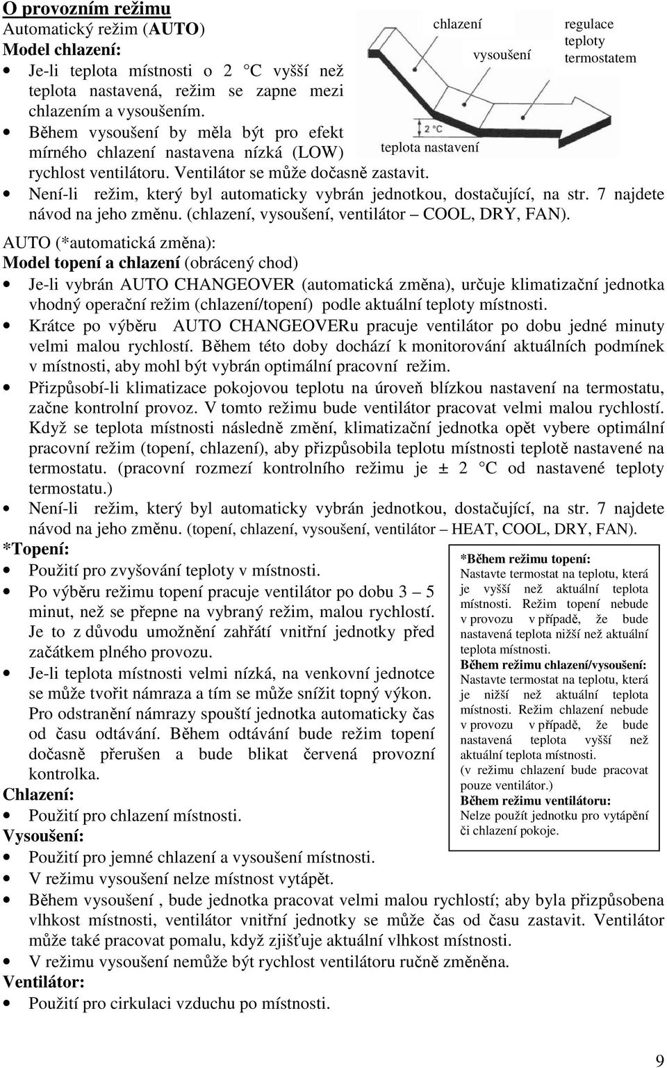 Není-li režim, který byl automaticky vybrán jednotkou, dostačující, na str. 7 najdete návod na jeho změnu. (chlazení, vysoušení, ventilátor COOL, DRY, FAN).