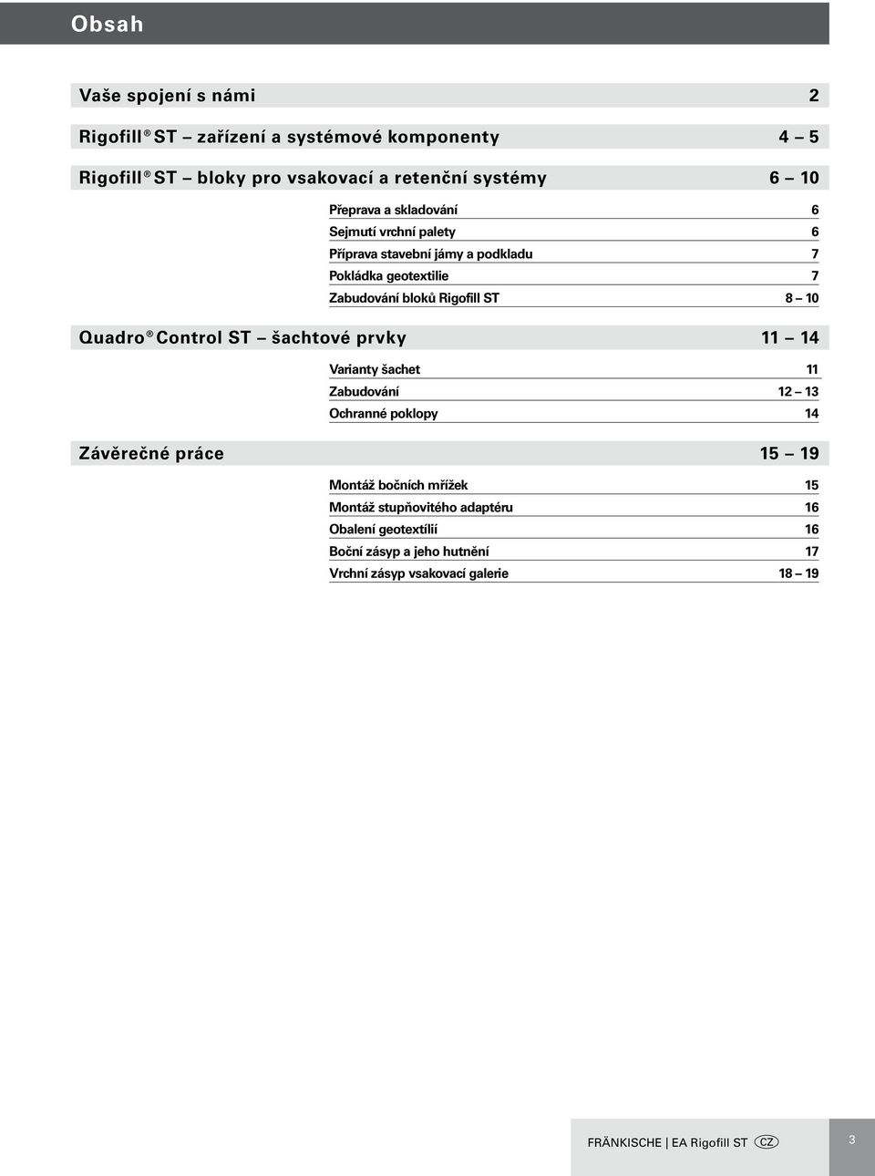 Control ST šachtové prvky 11 14 Varianty šachet 11 Zabudování 12 13 Ochranné poklopy 14 Závěrečné práce 15 19 Montáž bočních mřížek 15 Montáž