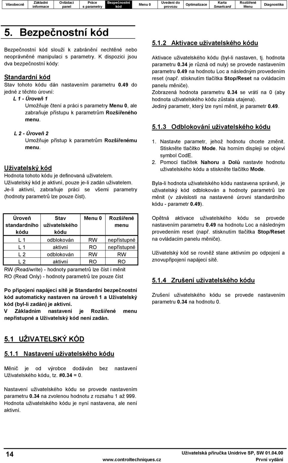 Uživatelský Hodnota tohoto u je definovaná uživatelem. Uživatelský je aktivní, pouze je-li zadán uživatelem. Je-li aktivní, zabraňuje práci se všemi parametry (hodnoty parametrů lze pouze číst).