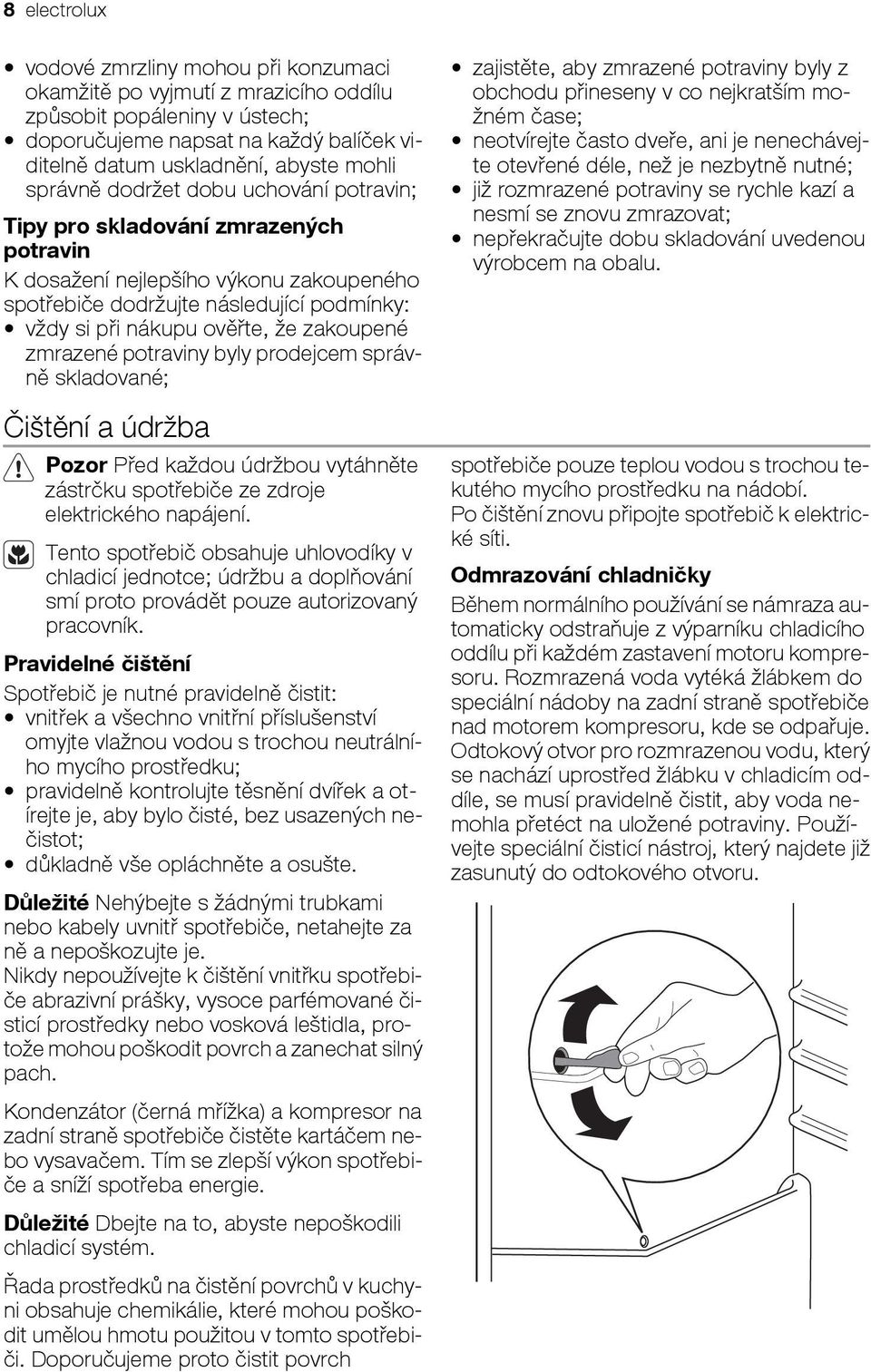 zakoupené zmrazené potraviny byly prodejcem správně skladované; Čištění a údržba Pozor Před každou údržbou vytáhněte zástrčku spotřebiče ze zdroje elektrického napájení.