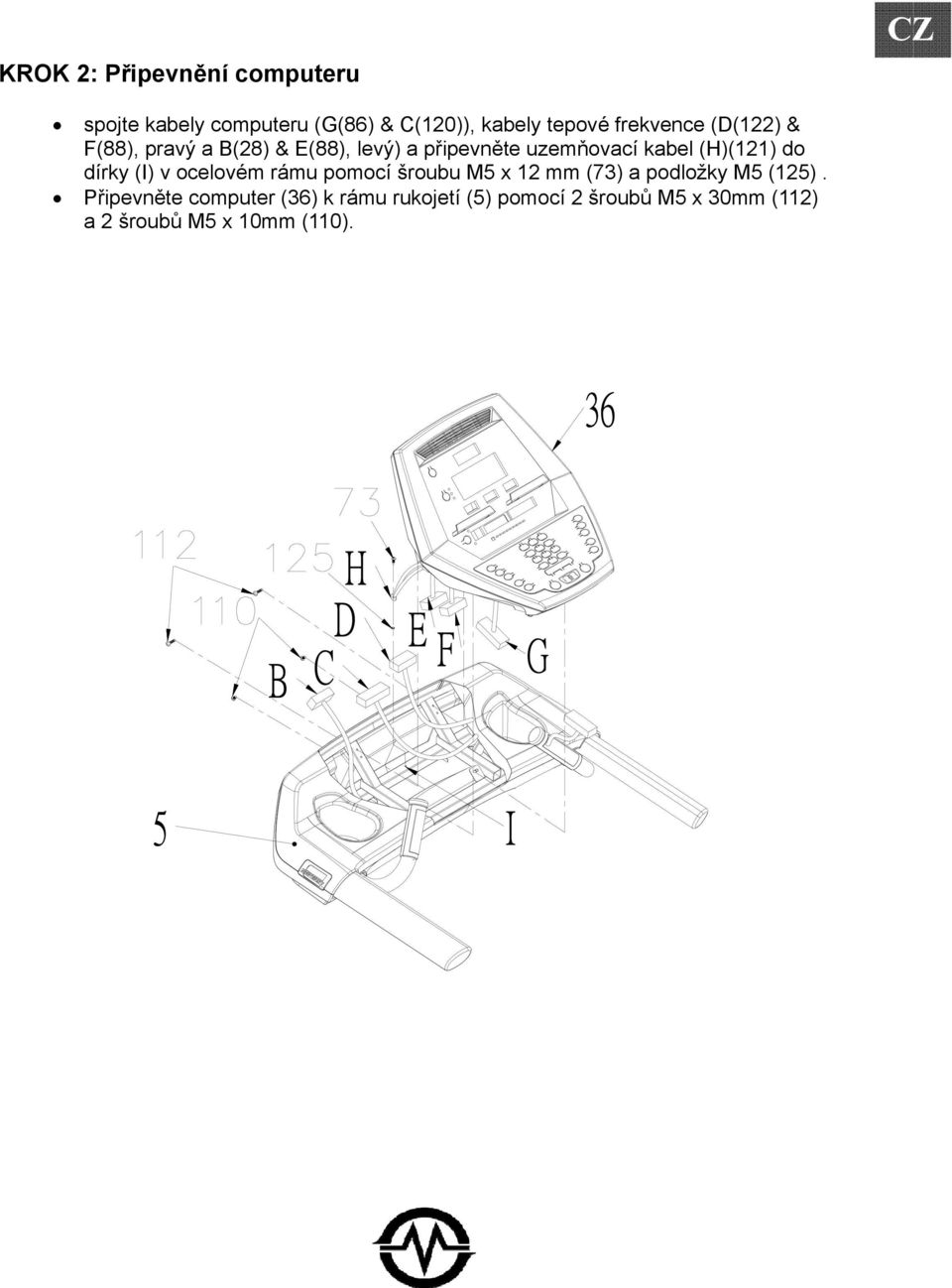 (H)(121) do dírky (I) v ocelovém rámu pomocí šroubu M5 x 12 mm (73) a podložky M5 (125).