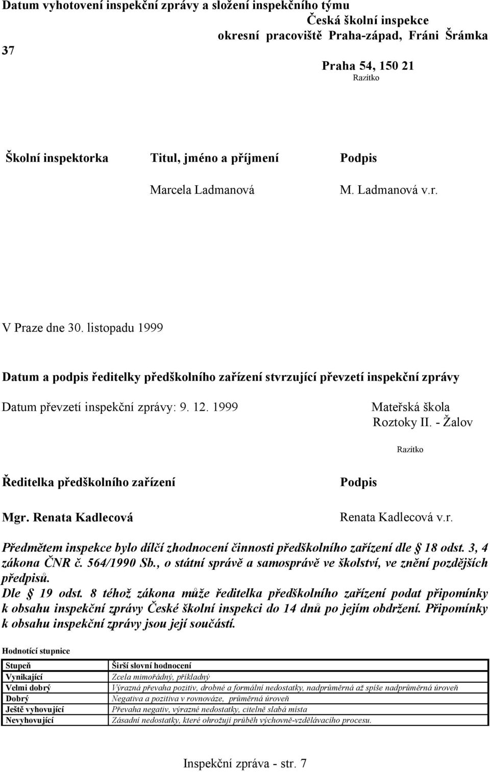 1999 Mateřská škola Roztoky II. - Žalov Razítko Ředitelka předškolního zařízení Mgr. Renata Kadlecová Podpis Renata Kadlecová v.r. Předmětem inspekce bylo dílčí zhodnocení činnosti předškolního zařízení dle 18 odst.