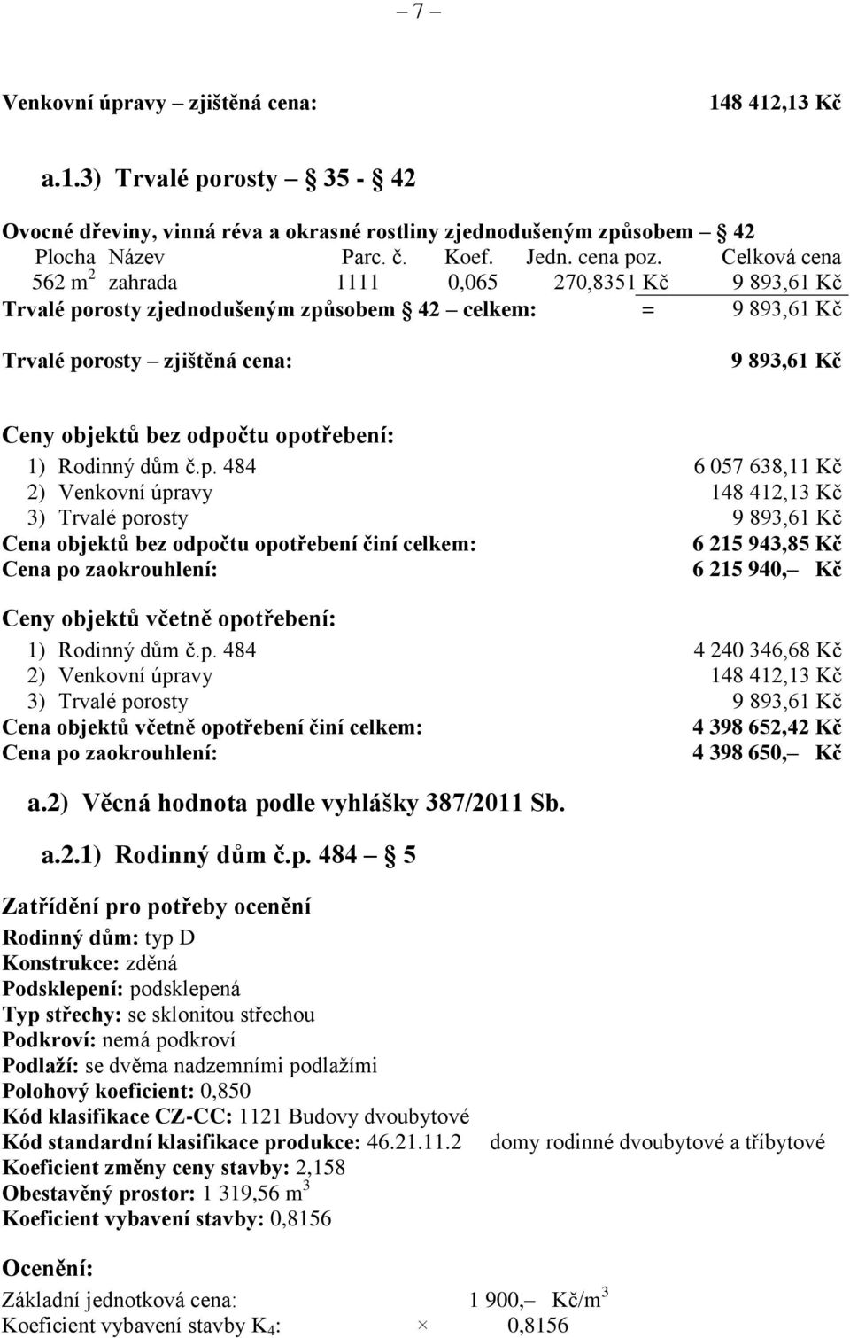 opotřebení: 1) Rodinný dům č.p. 484 6 057 638,11 Kč 2) Venkovní úpravy 148 412,13 Kč 3) Trvalé porosty 9 893,61 Kč Cena objektů bez odpočtu opotřebení činí celkem: 6 215 943,85 Kč Cena po