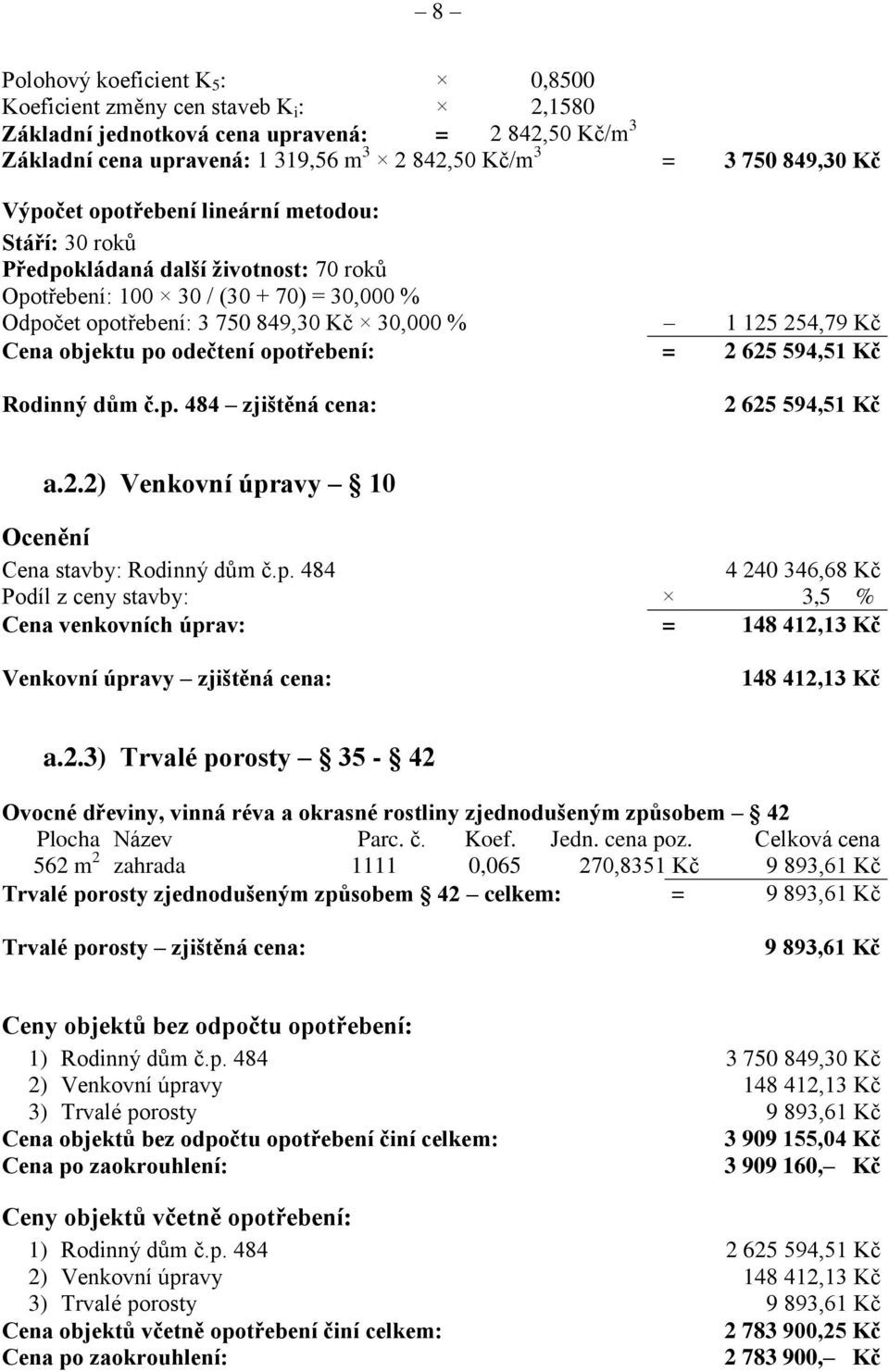 objektu po odečtení opotřebení: = 2 625 594,51 Kč Rodinný dům č.p. 484 zjištěná cena: 2 625 594,51 Kč a.2.2) Venkovní úpravy 10 Ocenění Cena stavby: Rodinný dům č.p. 484 4 240 346,68 Kč Podíl z ceny stavby: 3,5 % Cena venkovních úprav: = 148 412,13 Kč Venkovní úpravy zjištěná cena: 148 412,13 Kč a.