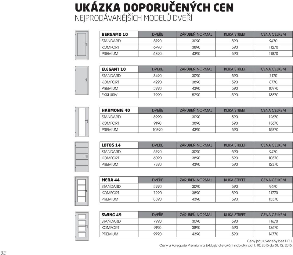 NORMAL KLIKA STREET CENA CELKEM STANDARD 8990 3090 590 12670 KOMFORT 9190 3890 590 13670 PREMIUM 10890 4390 590 15870 LOTOS 14 DVEŘE ZÁRUBEŇ NORMAL KLIKA STREET CENA CELKEM STANDARD 5790 3090 590