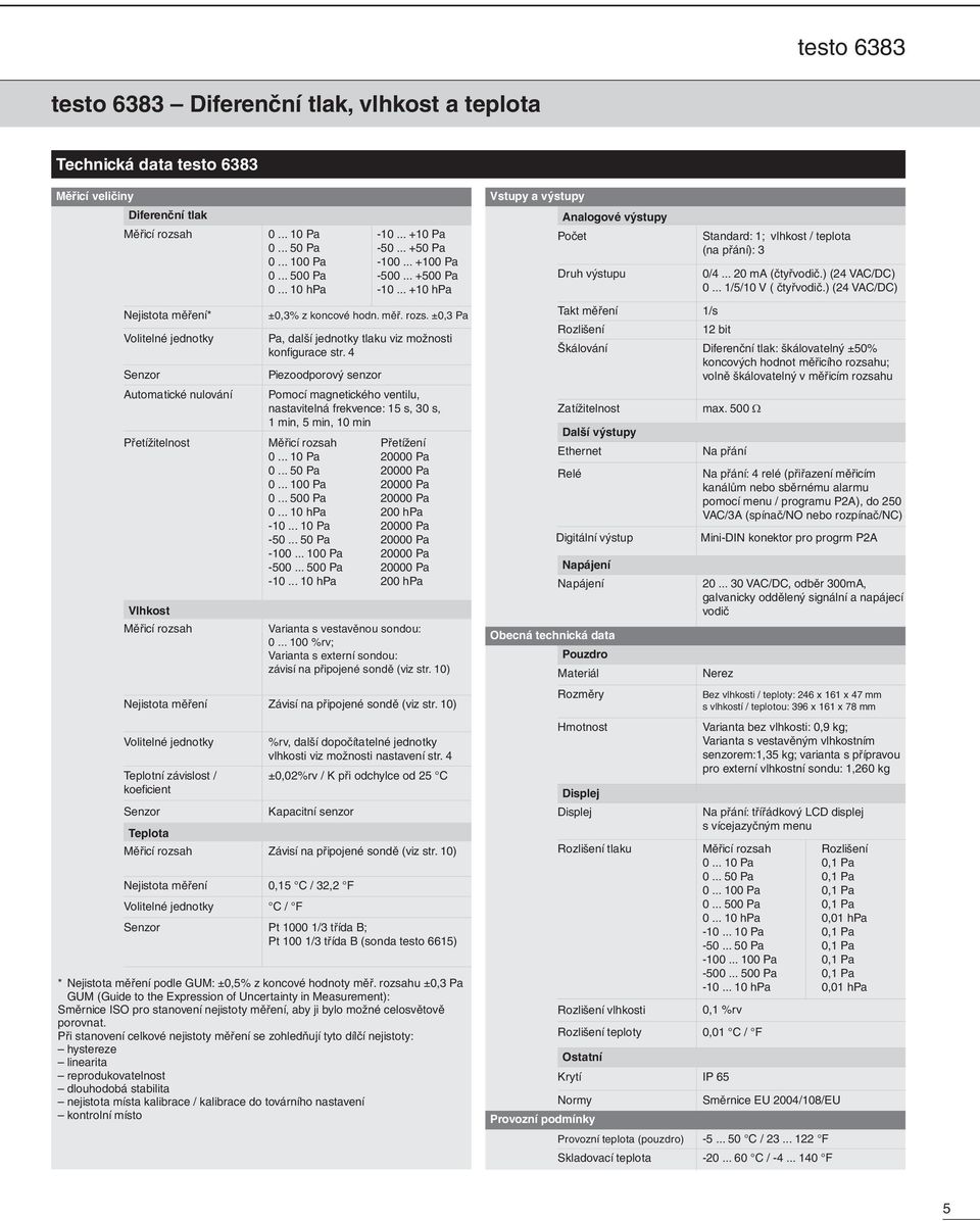 .. +10 hpa Senzor Piezoodporový senzor Automatické nulování Pomocí magnetického ventilu, nastavitelná frekvence: 15 s, 30 s, 1 min, 5 min, 10 min Přetížitelnost Přetížení 0... 10 Pa 20000 Pa 0.