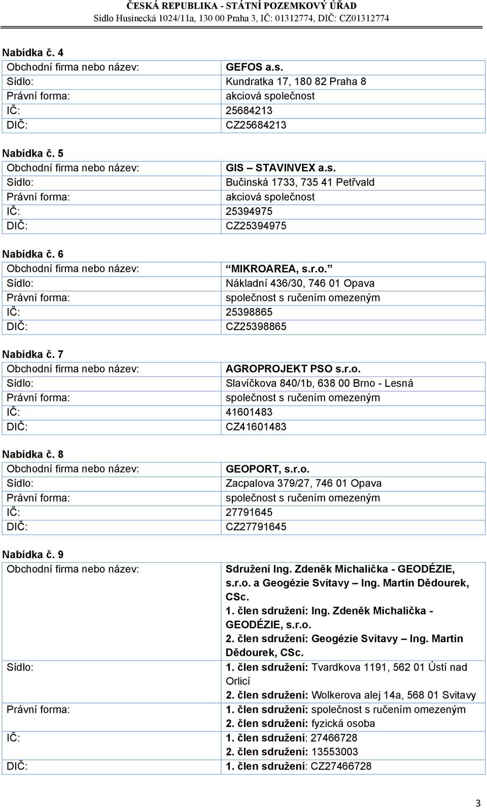 9 Sdružení Ing. Zdeněk Michalička - GEODÉZIE, s.r.o. a Geogézie Svitavy Ing. Martin Dědourek, CSc. 1. člen sdružení: Ing. Zdeněk Michalička - GEODÉZIE, s.r.o. 2. člen sdružení: Geogézie Svitavy Ing.