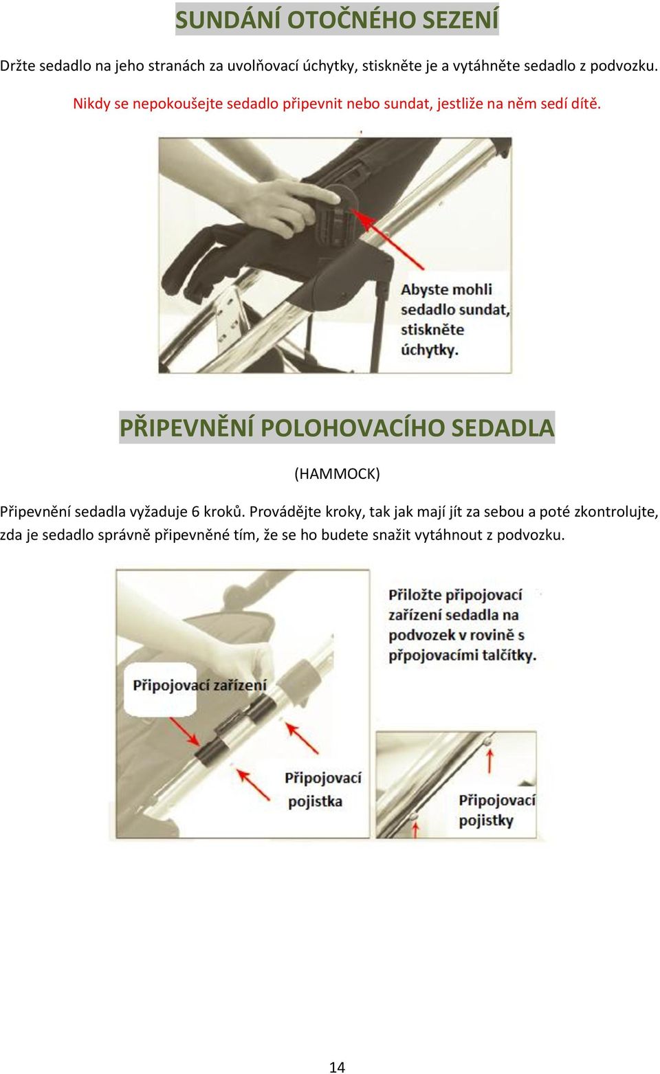 PŘIPEVNĚNÍ POLOHOVACÍHO SEDADLA (HAMMOCK) Připevnění sedadla vyžaduje 6 kroků.