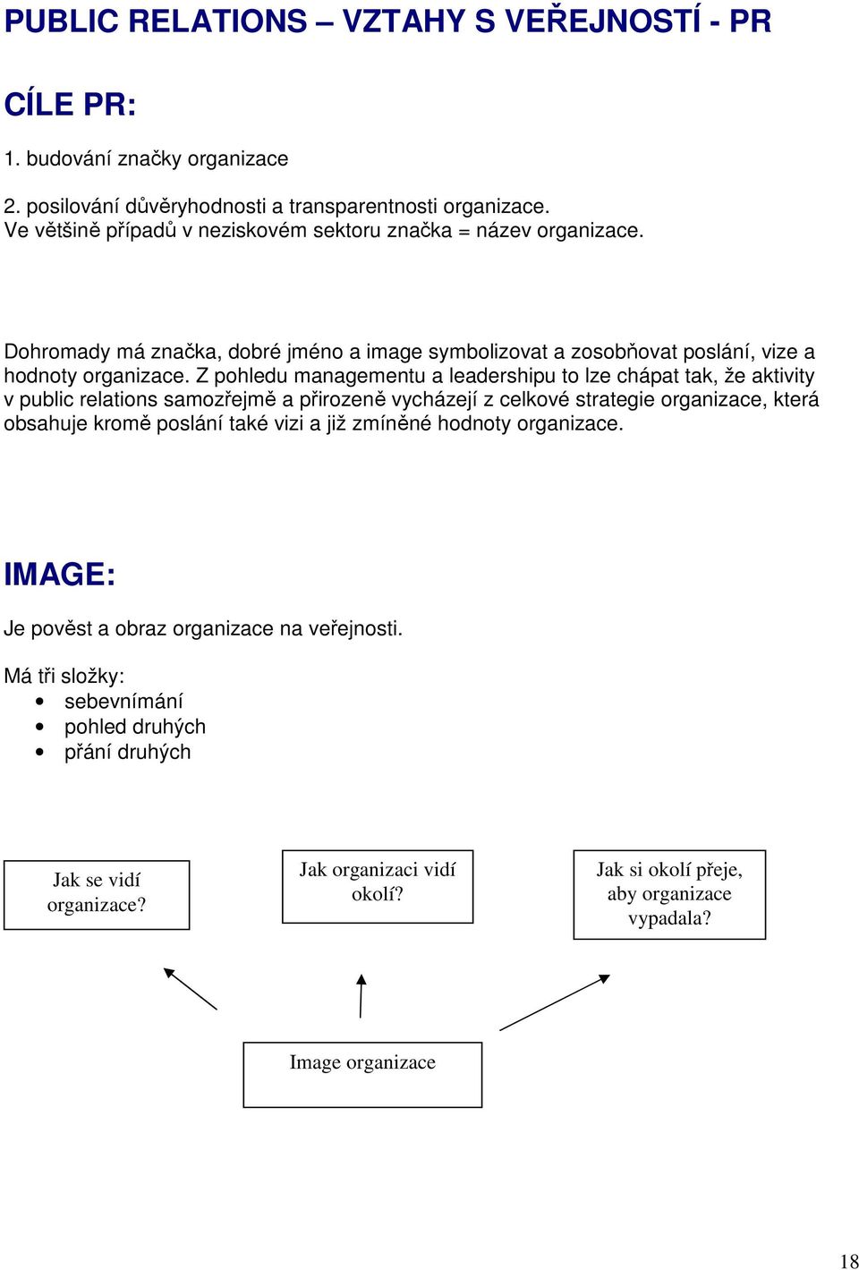 Z pohledu managementu a leadershipu to lze chápat tak, že aktivity v public relations samozřejmě a přirozeně vycházejí z celkové strategie organizace, která obsahuje kromě poslání také vizi