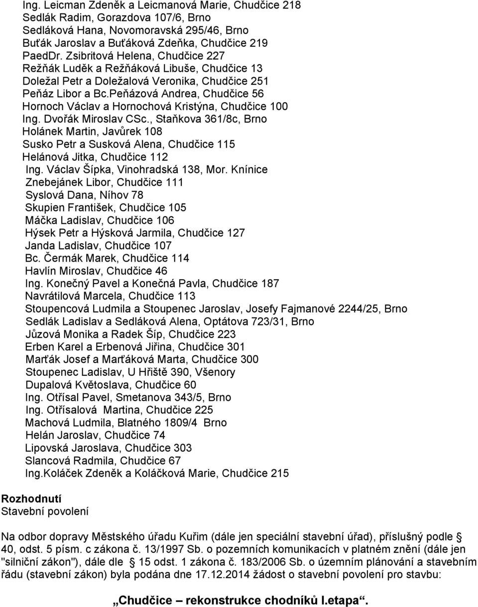 Peňázová Andrea, Chudčice 56 Hornoch Václav a Hornochová Kristýna, Chudčice 100 Ing. Dvořák Miroslav CSc.