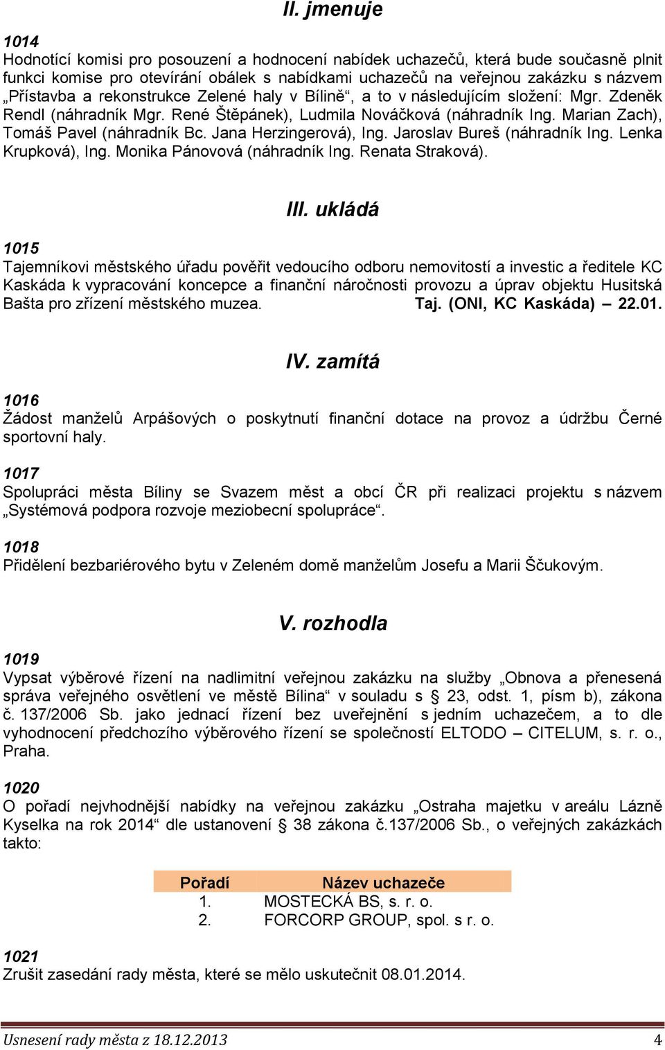 Jana Herzingerová), Ing. Jaroslav Bureš (náhradník Ing. Lenka Krupková), Ing. Monika Pánovová (náhradník Ing. Renata Straková). III.