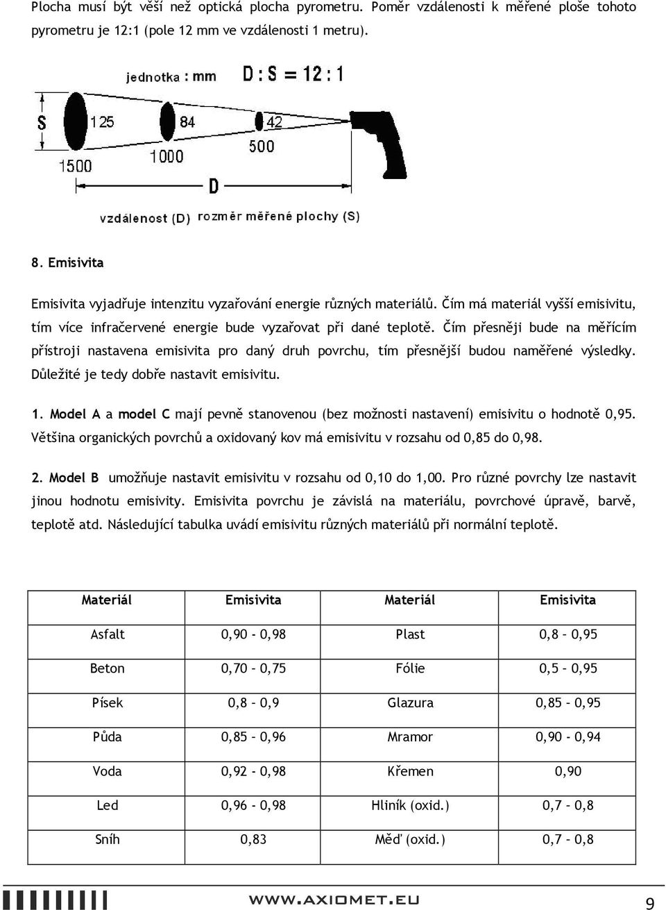 Čím přesněji bude na měřícím přístroji nastavena emisivita pro daný druh povrchu, tím přesnější budou naměřené výsledky. Důležité je tedy dobře nastavit emisivitu. 1.