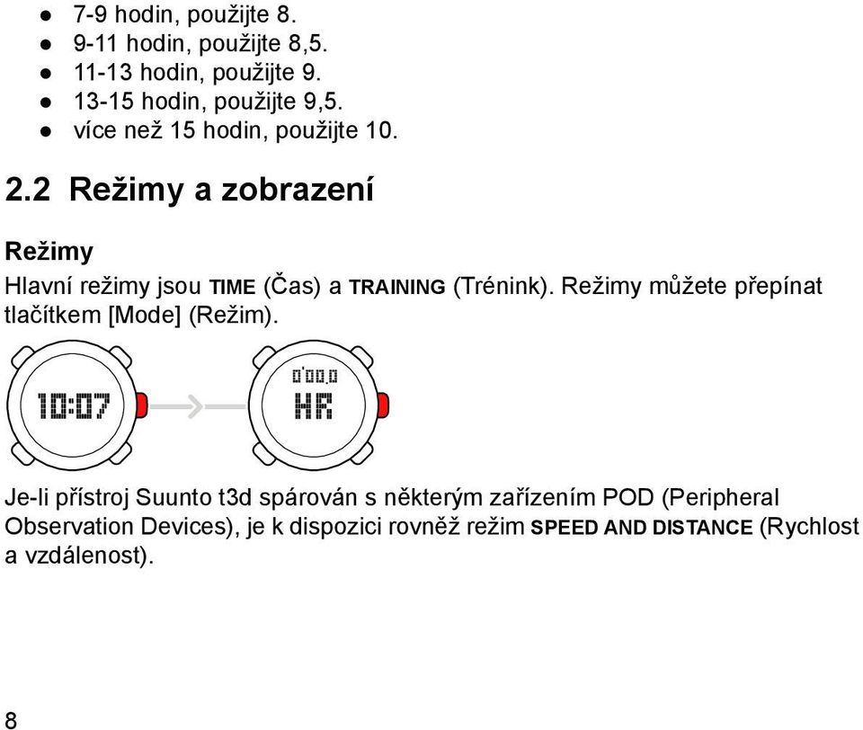 2 Režimy a zobrazení Režimy Hlavní režimy jsou TIME (Čas) a TRAINING (Trénink).