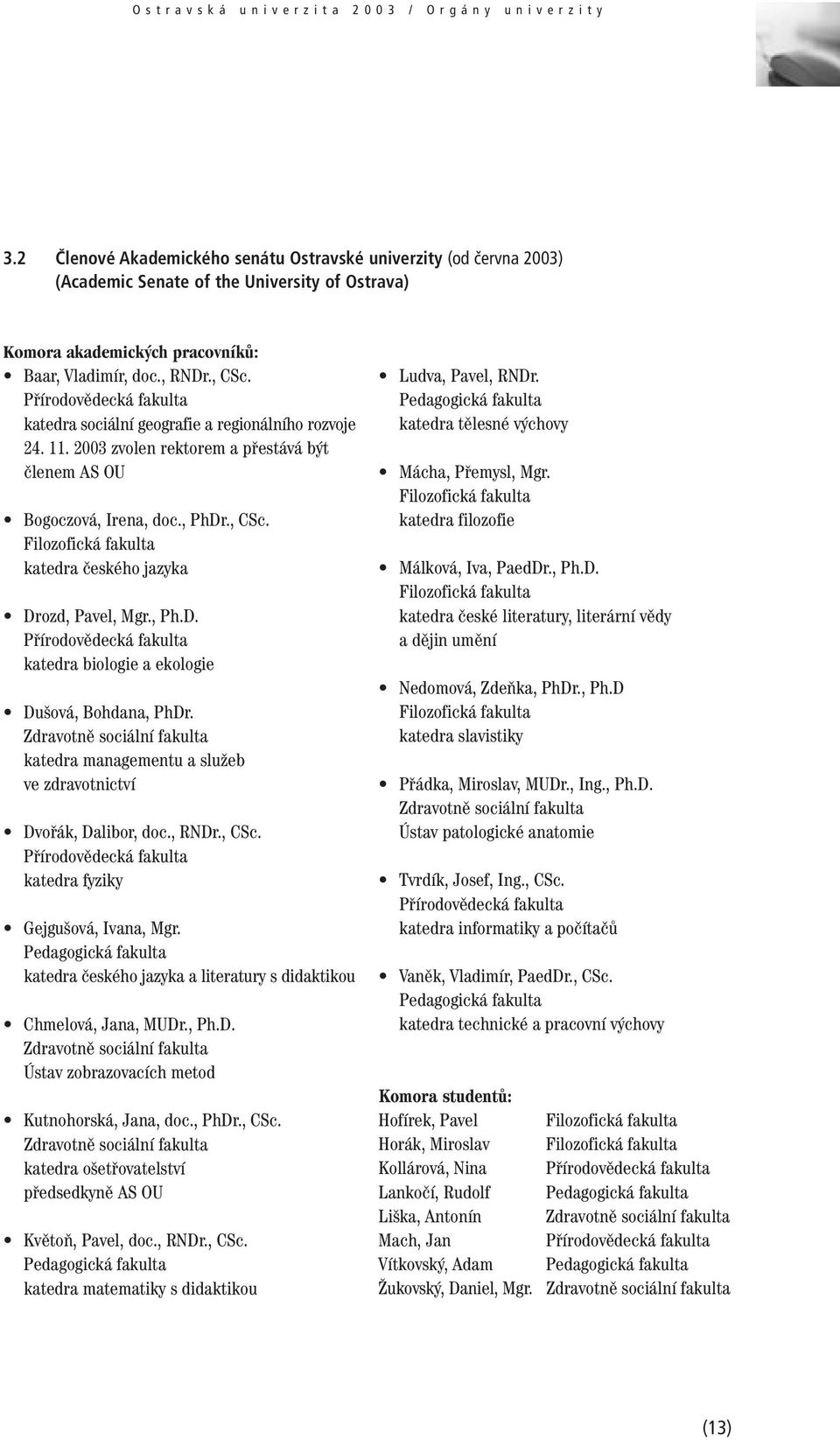 Přírodovědecká fakulta katedra sociální geografie a regionálního rozvoje 24. 11. 2003 zvolen rektorem a přestává být členem AS OU Bogoczová, Irena, doc., PhDr., CSc.