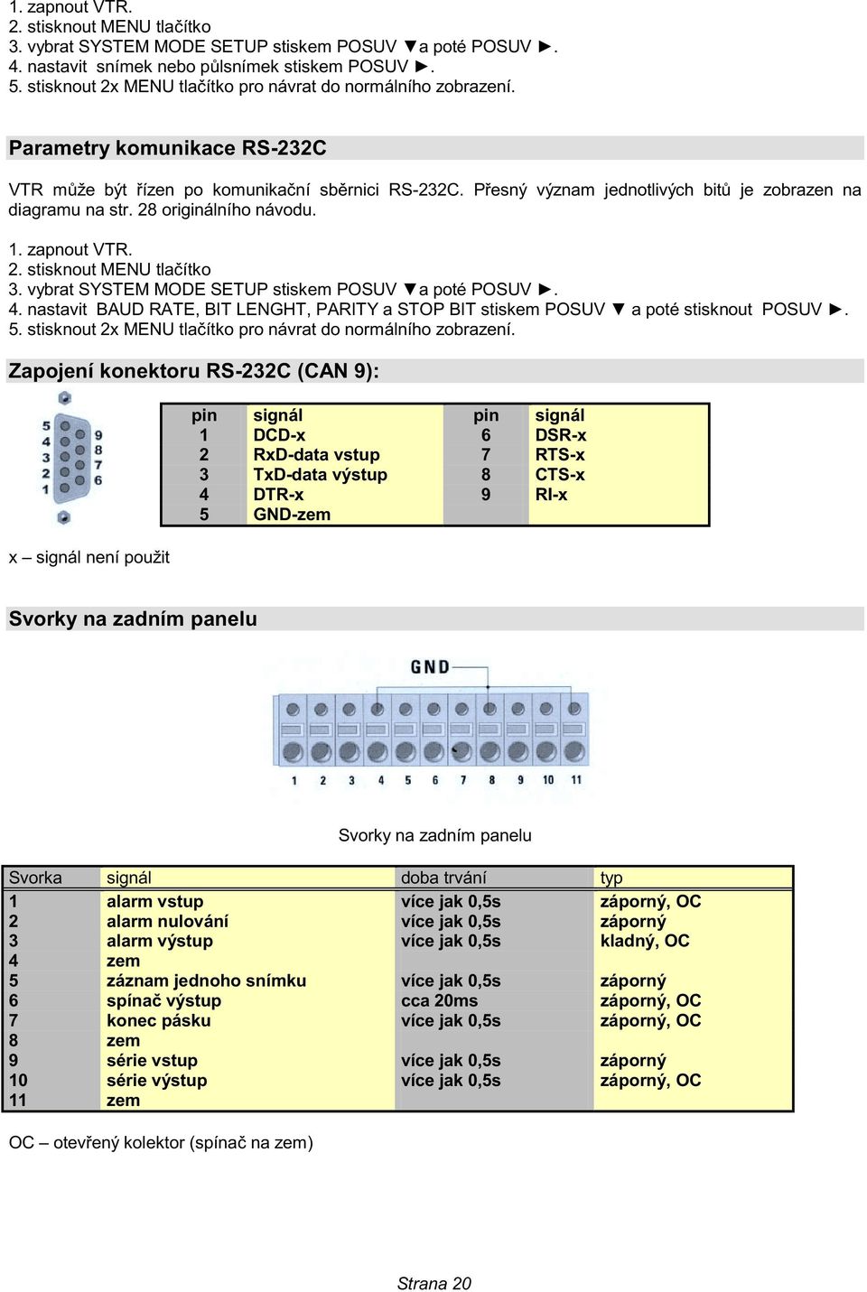 vybrat SYSTEM MODE SETUP stiskem POSUV )a poté POSUV +. 4. nastavit BAUD RATE, BIT LENGHT, PARITY a STOP BIT stiskem POSUV ) a poté stisknout POSUV +. 5.