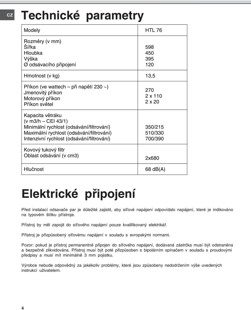 Oblast odsávání (v cm3) Hlučnost 270 2 x 110 2 x 20 350/215 510/330 700/390 2x680 68 db(a) Elektrické připojení Před instalací odsavače par je důležité zajistit, aby síťové napájení odpovídalo