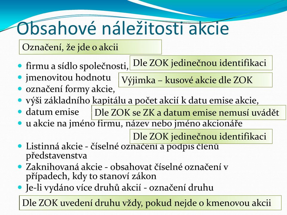 firmu, název nebo jméno akcionáře Dle ZOK jedinečnou identifikaci Listinná akcie - číselné označení a podpis členů představenstva Zaknihovaná akcie -