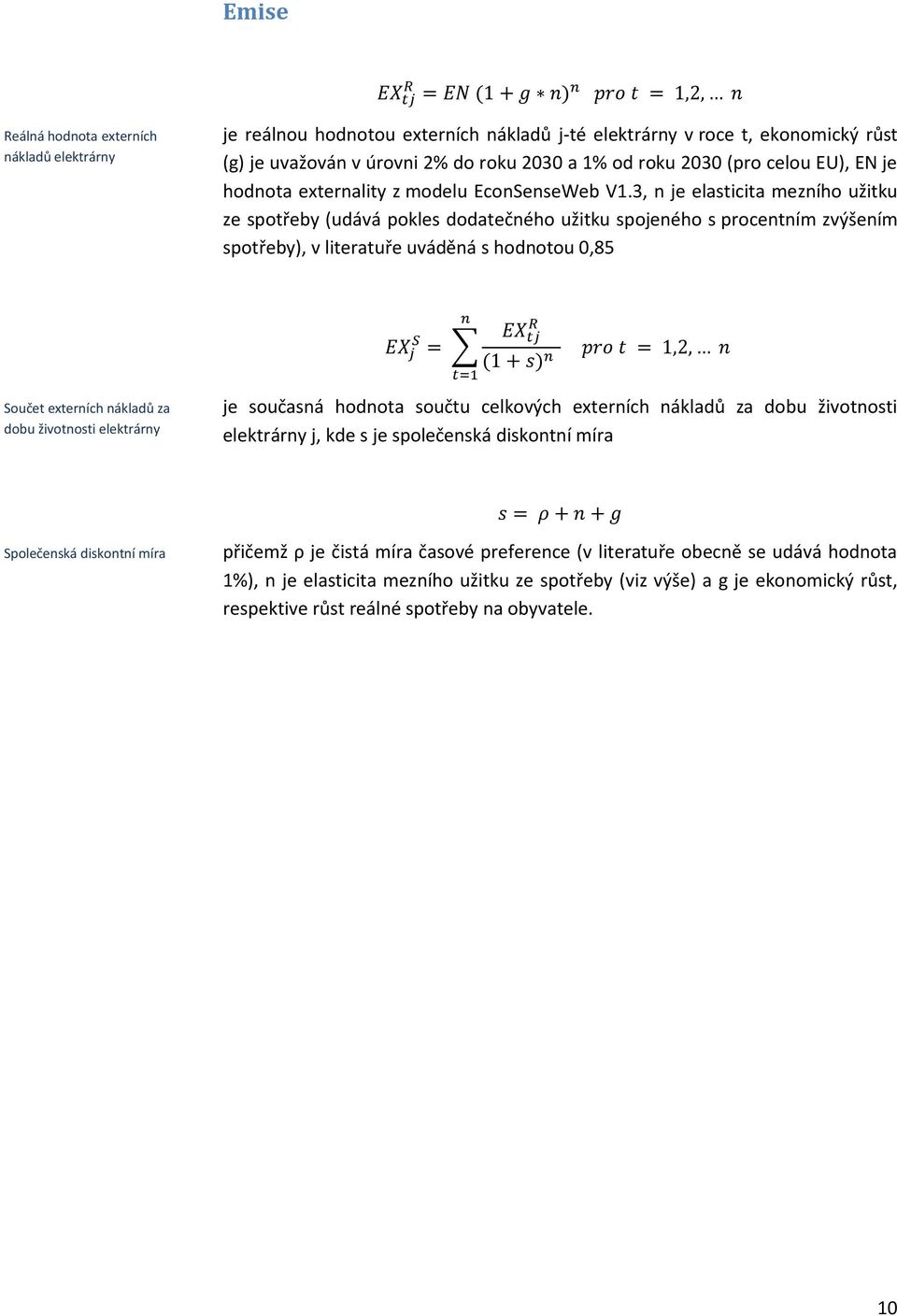 3, n je elasticita mezního užitku ze spotřeby (udává pokles dodatečného užitku spojeného s procentním zvýšením spotřeby), v literatuře uváděná s hodnotou 0,85 Součet externích nákladů za dobu
