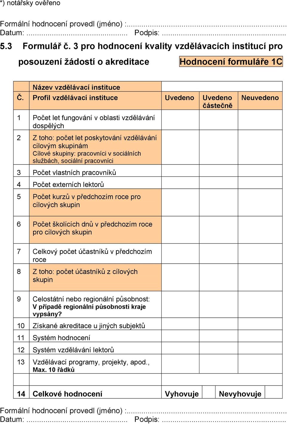 Profil vzdělávací instituce Uvedeno Uvedeno částečně Neuvedeno 1 Počet let fungování v oblasti vzdělávání dospělých 2 Z toho: počet let poskytování vzdělávání cílovým skupinám Cílové skupiny: