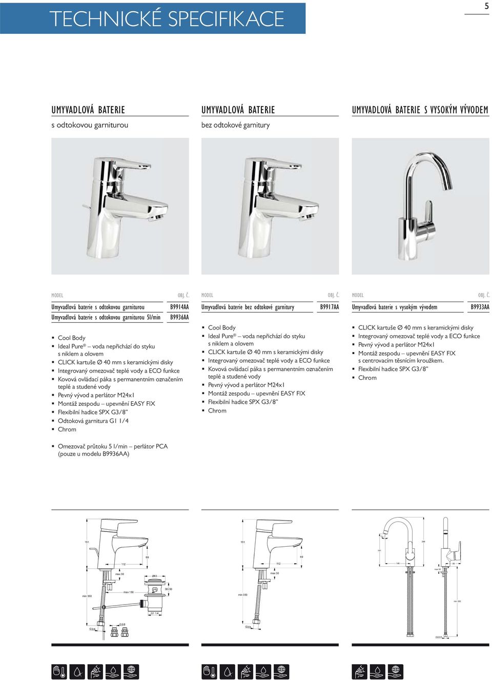 označením teplé a studené Pevný vývod a perlátor M24x1 Montáž zespodu upevnění EASY FIX Flexibilní hadice SPX G3/8 Odtoková garnitura G1 1/4 Umyvadlová baterie bez odtokové garnitury B9917AA Cool