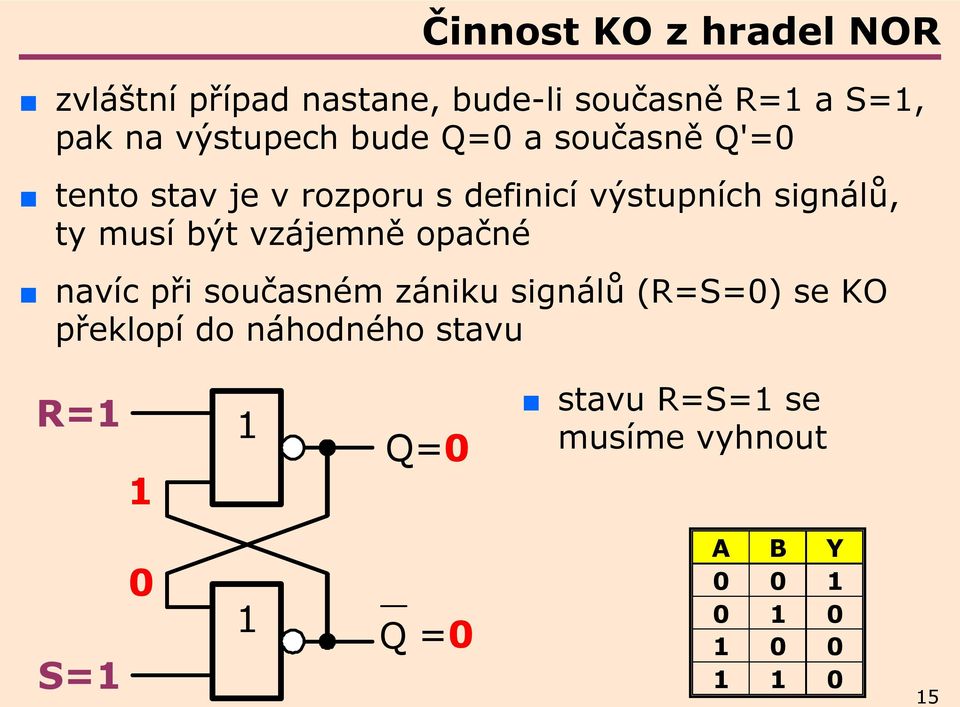 ty musí být vzájemně opačné navíc při současném zániku signálů (R=S=0) se KO překlopí do