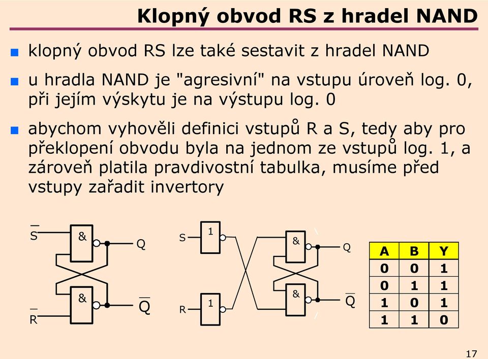 0 abychom vyhověli definici vstupů R a S, tedy aby pro překlopení obvodu byla na jednom ze vstupů log.