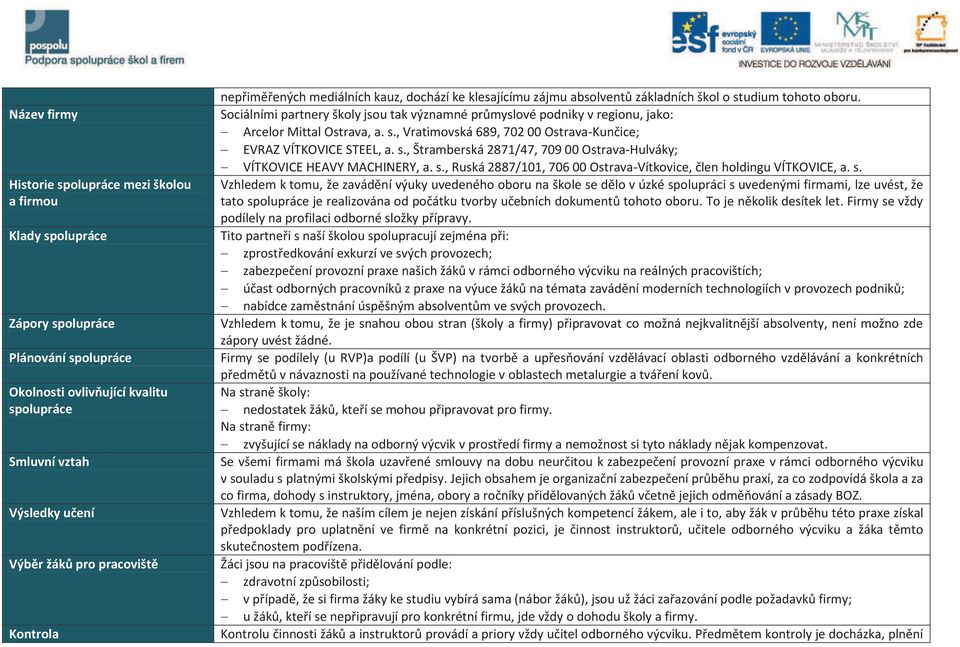 Sociálními partnery školy jsou tak významné průmyslové podniky v regionu, jako: - Arcelor Mittal Ostrava, a. s., Vratimovská 689, 702 00 Ostrava-Kunčice; - EVRAZ VÍTKOVICE STEEL, a. s., Štramberská 2871/47, 709 00 Ostrava-Hulváky; - VÍTKOVICE HEAVY MACHINERY, a.