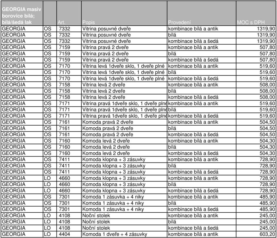 a šedá 1319,90 GEORGIA OS 7159 Vitrina pravá 2 dveře kombinace bílá a antik 507,80 GEORGIA OS 7159 Vitrina pravá 2 dveře bílá 507,80 GEORGIA OS 7159 Vitrina pravá 2 dveře kombinace bílá a šedá 507,80