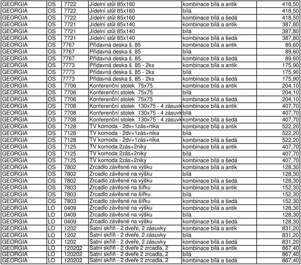 85 kombinace bílá a antik 89,60 GEORGIA OS 7767 Přídavná deska š. 85 bílá 89,60 GEORGIA OS 7767 Přídavná deska š. 85 kombinace bílá a šedá 89,60 GEORGIA OS 7773 Přídavná deska š.