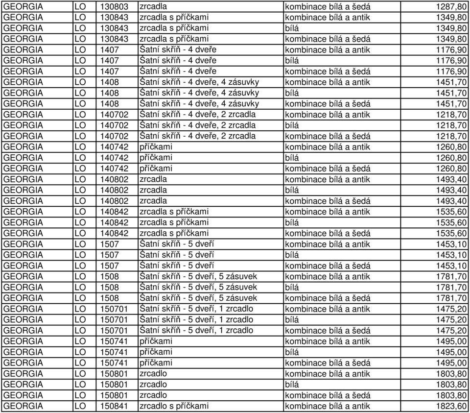 kombinace bílá a šedá 1176,90 GEORGIA LO 1408 Šatní skříň - 4 dveře, 4 zásuvky kombinace bílá a antik 1451,70 GEORGIA LO 1408 Šatní skříň - 4 dveře, 4 zásuvky bílá 1451,70 GEORGIA LO 1408 Šatní skříň