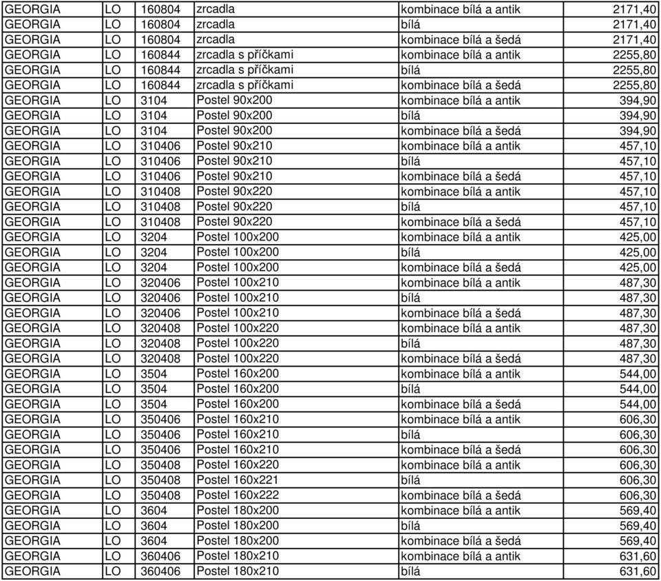 GEORGIA LO 3104 Postel 90x200 bílá 394,90 GEORGIA LO 3104 Postel 90x200 kombinace bílá a šedá 394,90 GEORGIA LO 310406 Postel 90x210 kombinace bílá a antik 457,10 GEORGIA LO 310406 Postel 90x210 bílá