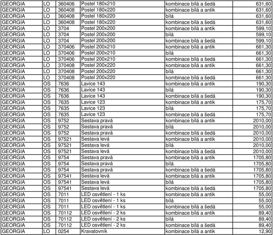 599,10 GEORGIA LO 370406 Postel 200x210 kombinace bílá a antik 661,30 GEORGIA LO 370406 Postel 200x210 bílá 661,30 GEORGIA LO 370406 Postel 200x210 kombinace bílá a šedá 661,30 GEORGIA LO 370408