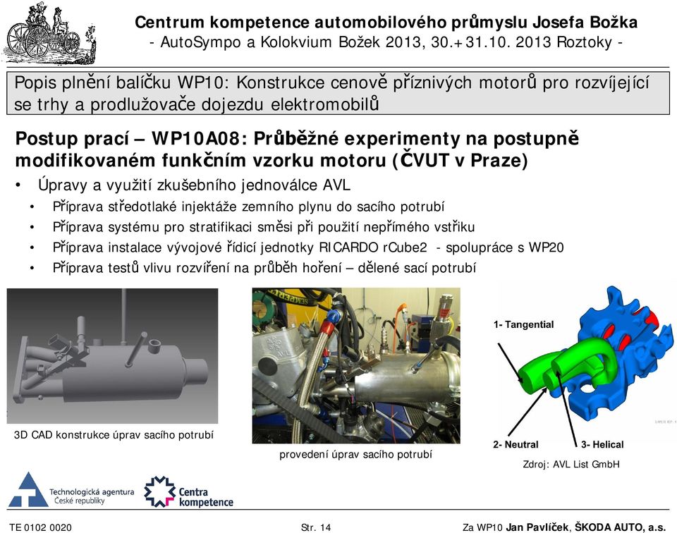 vstřiku Příprava instalace vývojové řídicí jednotky RICARDO rcube2 - spolupráce s WP20 Příprava testů vlivu rozvíření na průběh hoření dělené