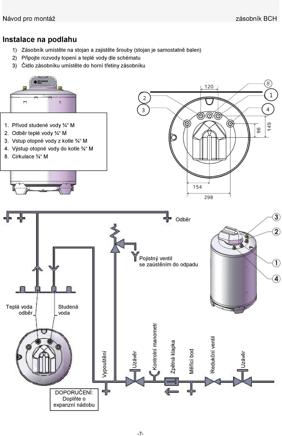 umístěte do horní třetiny zásobníku 2 1 3 4 1. Přívod studené vody ¾ M 2. Odběr teplé vody ¾ M 3. Vstup otopné vody z kotle ¾ M 4.