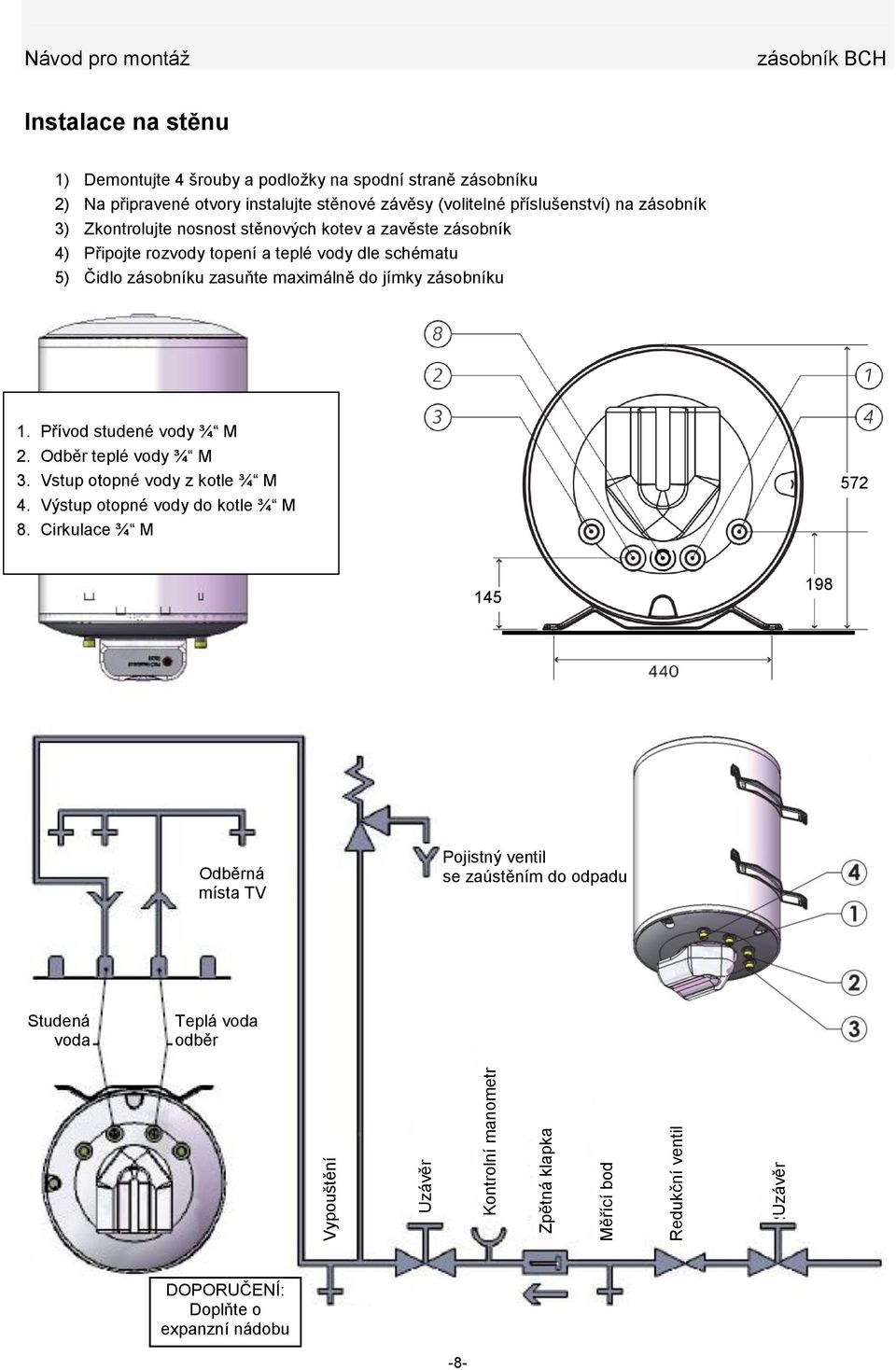 topení a teplé vody dle schématu 5) Čidlo zásobníku zasuňte maximálně do jímky zásobníku 1. Přívod studené vody ¾ M 2. Odběr teplé vody ¾ M 3. Vstup otopné vody z kotle ¾ M 4.
