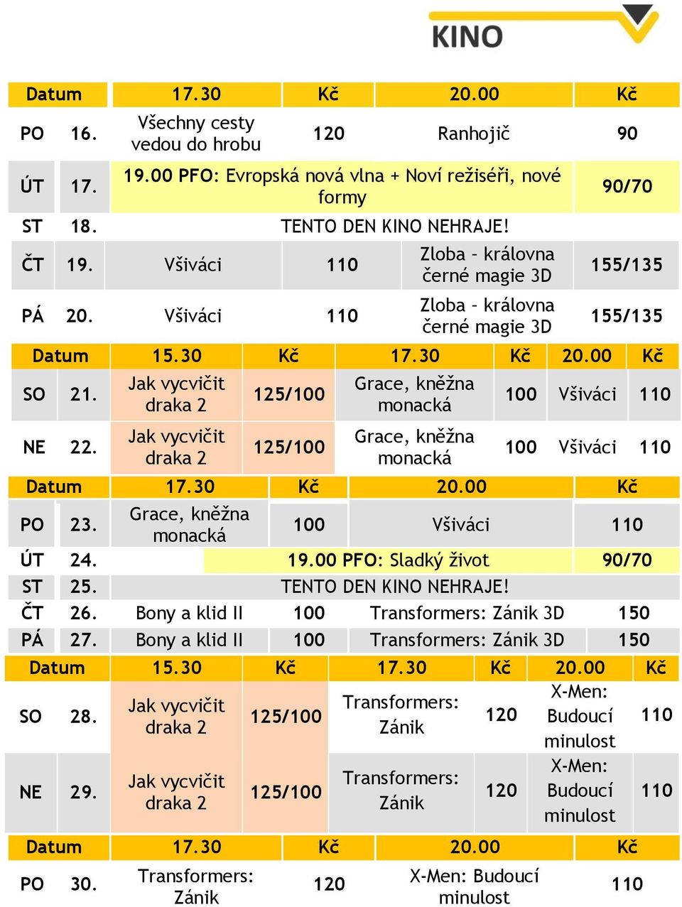 Jak vycvičit draka 2 Jak vycvičit draka 2 125/100 125/100 Grace, kněžna monacká Grace, kněžna monacká 100 Všiváci 110 100 Všiváci 110 Datum 17.30 Kč 20.00 Kč PO 23.