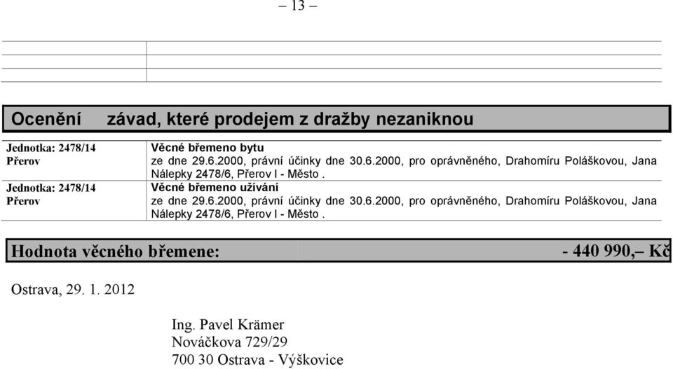 Věcné břemeno užívání ze dne  Hodnota věcného břemene: - 440 990, Kč Ostrava, 29. 1. 2012 Ing.