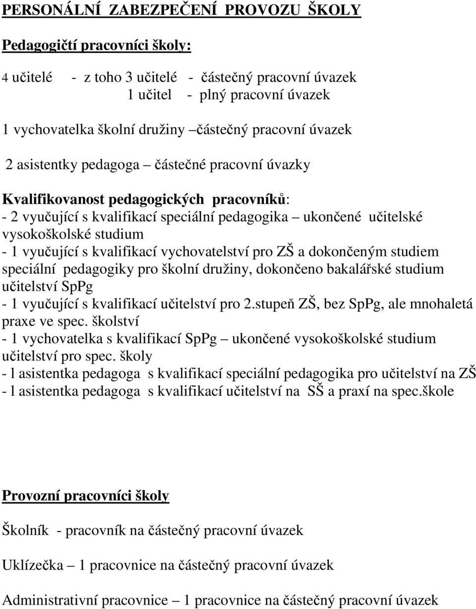 vychovatelství pro ZŠ a dokončeným studiem speciální pedagogiky pro školní družiny, dokončeno bakalářské studium učitelství SpPg vyučující s kvalifikací učitelství pro.