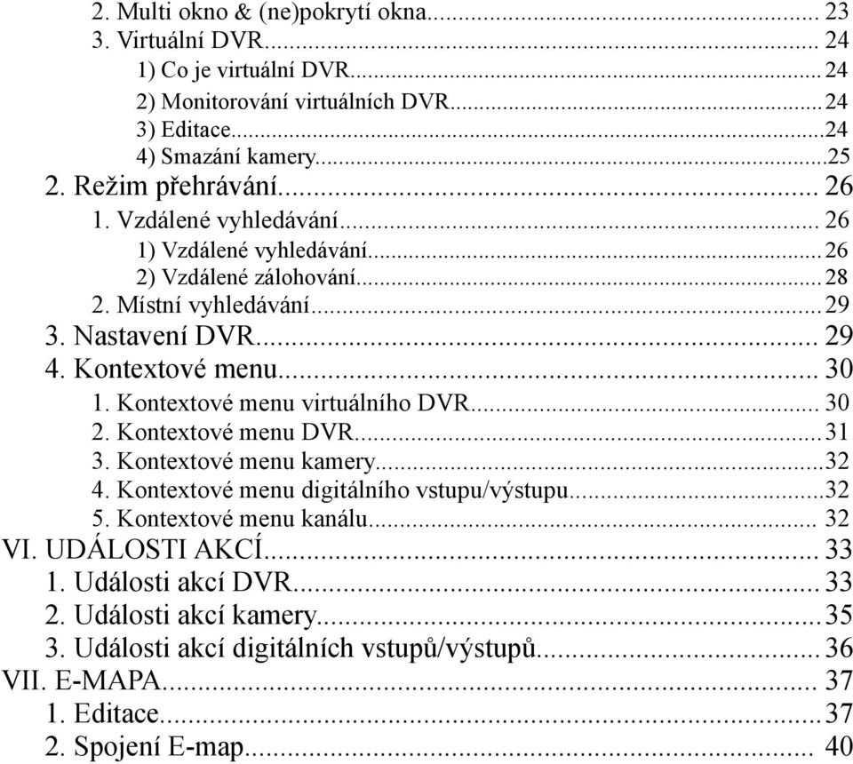 .. 30 1. Kontextové menu virtuálního DVR... 30 2. Kontextové menu DVR...31 3. Kontextové menu kamery...32 4. Kontextové menu digitálního vstupu/výstupu...32 5.