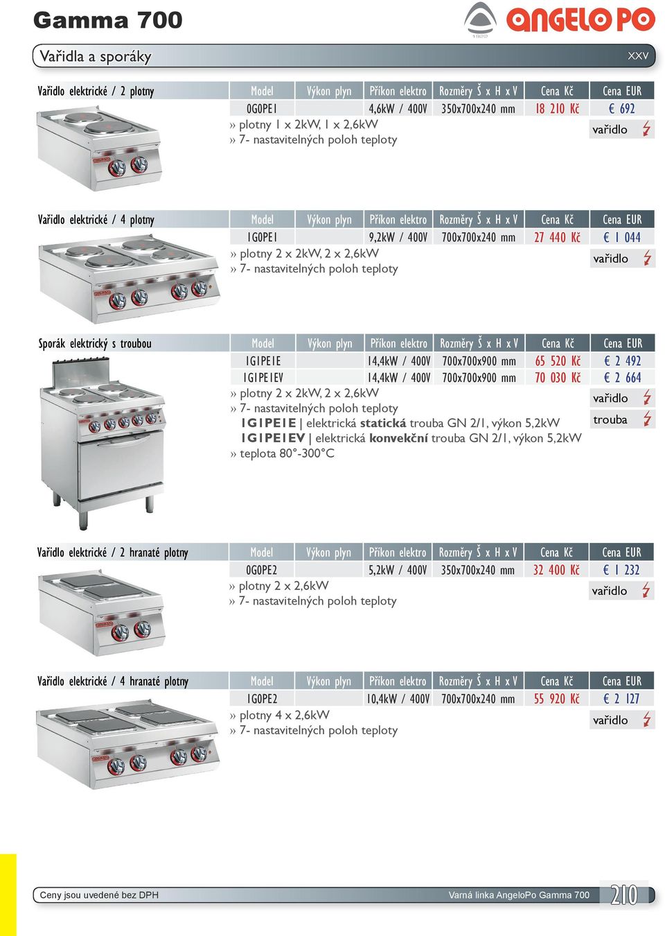 poloh teploty Sporák elektrický s troubou Model Výkon plyn Příkon elektro Rozměry Š x H x V Cena Kč Cena EUR 1G1PE1E 14,4kW / 400V 700x700x900 mm 65 520 Kč 2 492 1G1PE1EV 14,4kW / 400V 700x700x900 mm