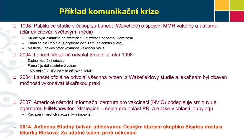 rodičů v USA odmítá očkování MMR 2004: Lancet oficiálně odvolal všechna tvrzení z Wakefieldovy studie a lékař sám byl zbaven možnosti vykonávat lékařskou praxi 2007: Americké národní informační