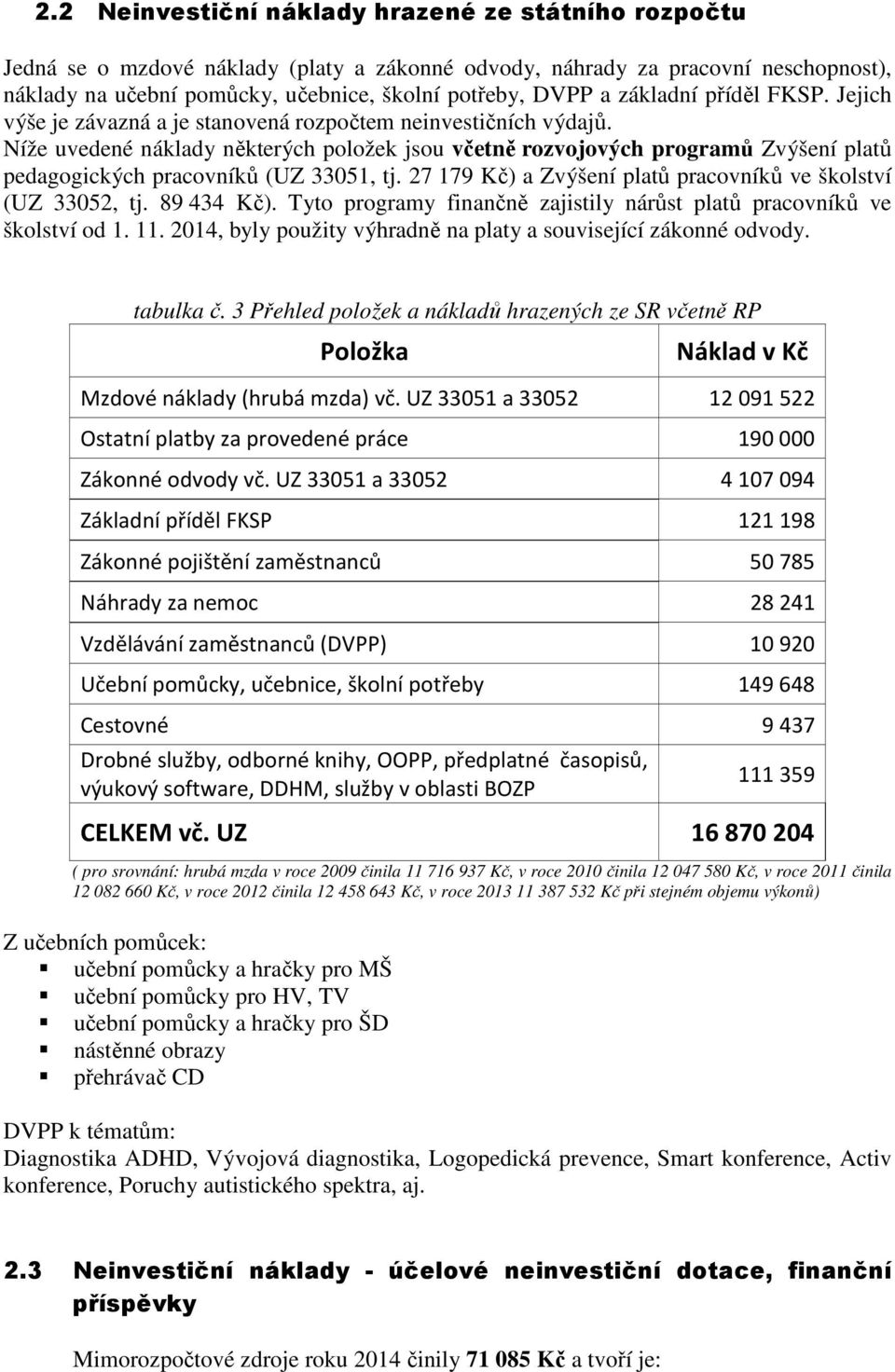 Níže uvedené náklady některých položek jsou včetně rozvojových programů Zvýšení platů pedagogických pracovníků (UZ 33051, tj. 27 179 Kč) a Zvýšení platů pracovníků ve školství (UZ 33052, tj.