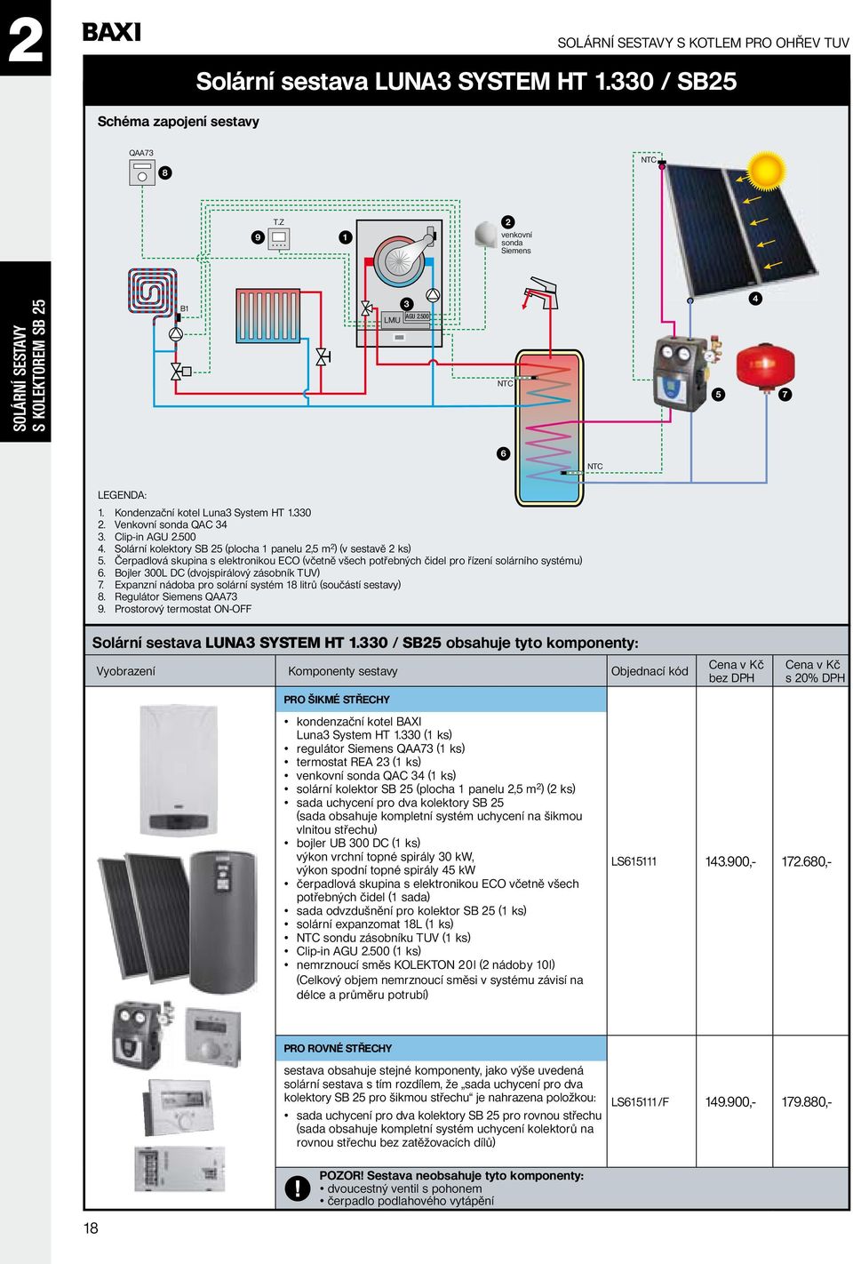 Bojler 00l DC (dvojspirálový zásobník tuv) 7. expanzní nádoba pro solární systém 8 litrů (součástí sestavy) 8. regulátor Siemens QAA7 9. prostorový termostat on-off Solární sestava LUNA SYSTEM HT.
