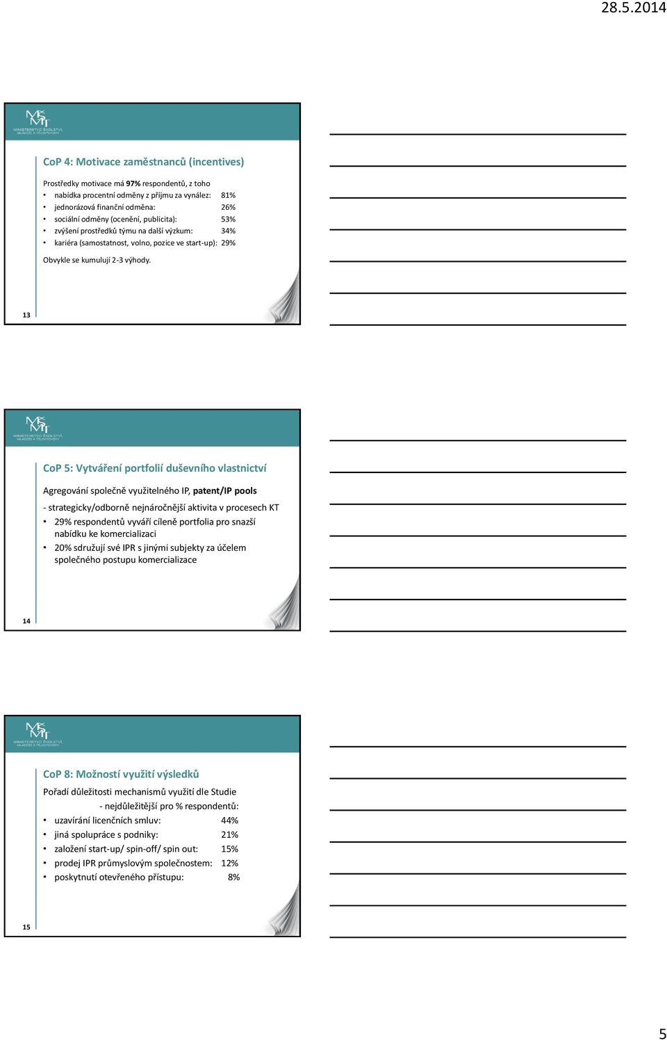 13 CoP 5: Vytváření portfolií duševního vlastnictví Agregování společně využitelného IP, patent/ip pools - strategicky/odborně nejnáročnější aktivita v procesech KT 29% respondentů vyváří cíleně