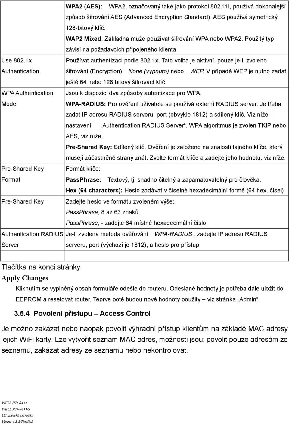 1x Authentication WPA Authentication Mode Pre-Shared Key Format Pre-Shared Key Používat authentizaci podle 802.1x. Tato volba je aktivní, pouze je-li zvoleno šifrování (Encryption) None (vypnuto) nebo WEP.