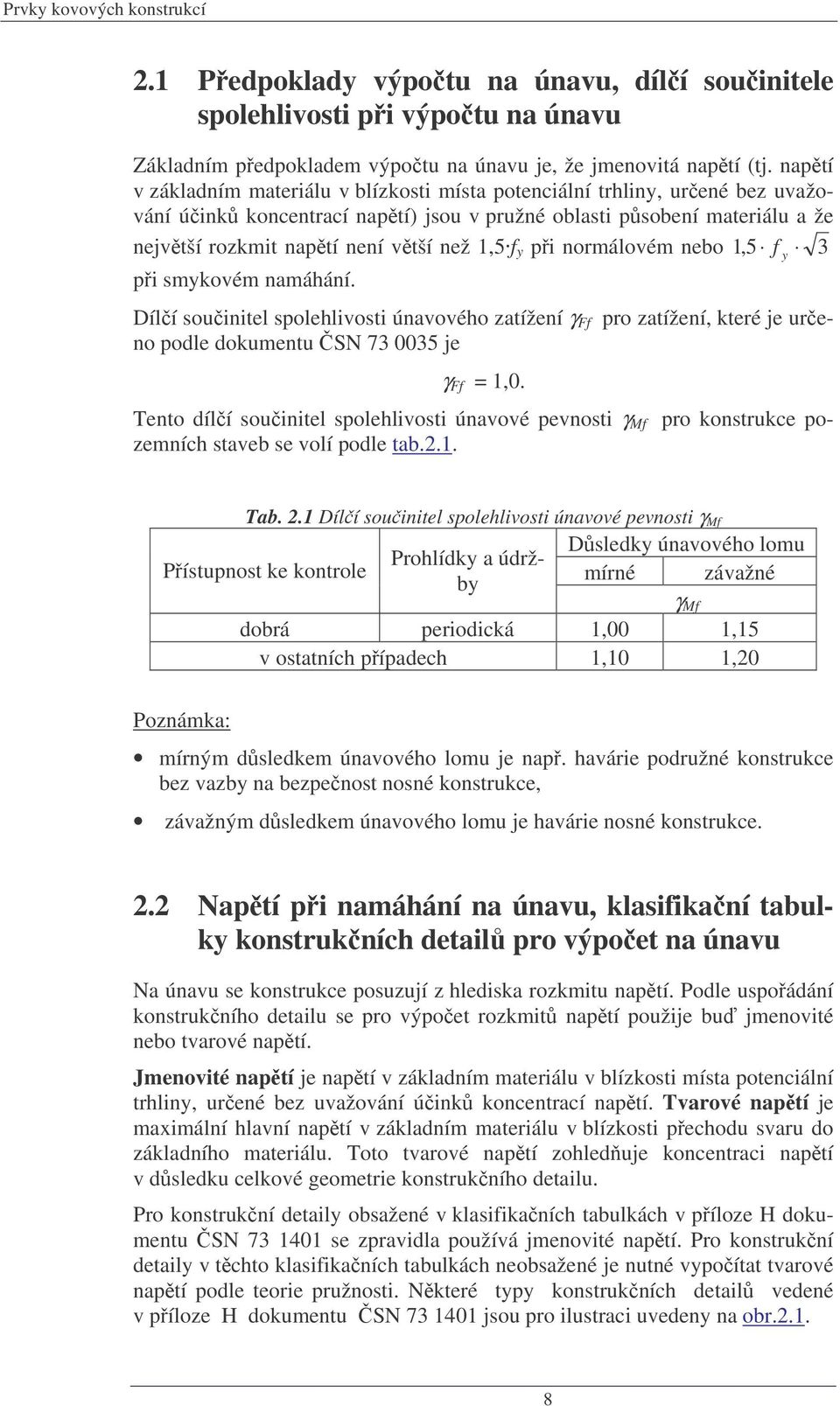 normálovém nebo 1,5 f p smykovém namáhání. Dílí sountel spolehlvost únavového zatížení pro zatížení, které je ureno podle dokumentu S 7 005 je 1,0.